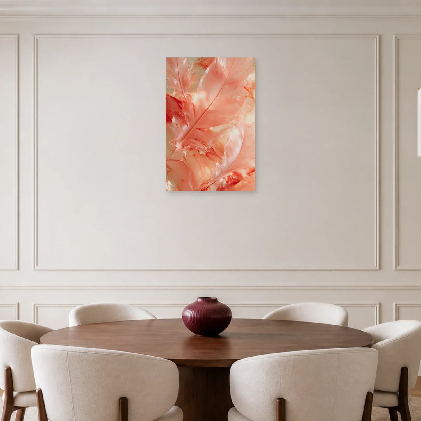 Tableau Plume Rose présenté dans une salle à manger - Art Virtuoso