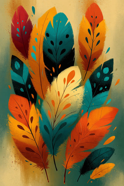 Tableau plumes oiseaux bohème turquoise orange jaune - format L