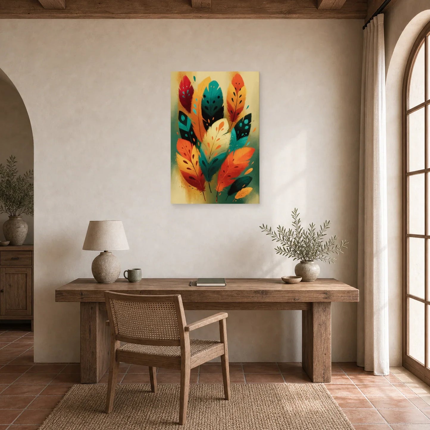 Tableau Plumes Oiseaux Bohème - Totem Couleur dans un bureau - Art Virtuoso