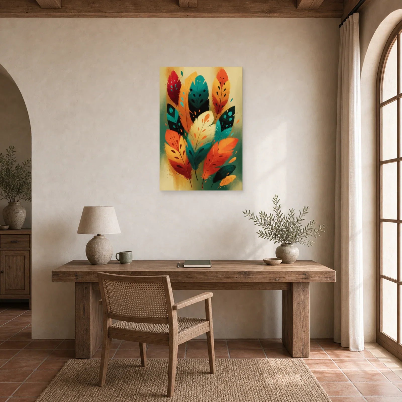 Tableau Plumes Oiseaux Bohème - Totem Couleur dans un bureau - Art Virtuoso