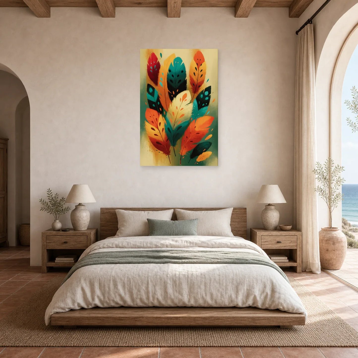 Tableau Plumes Oiseaux Bohème - Totem Couleur dans une chambre - Art Virtuoso