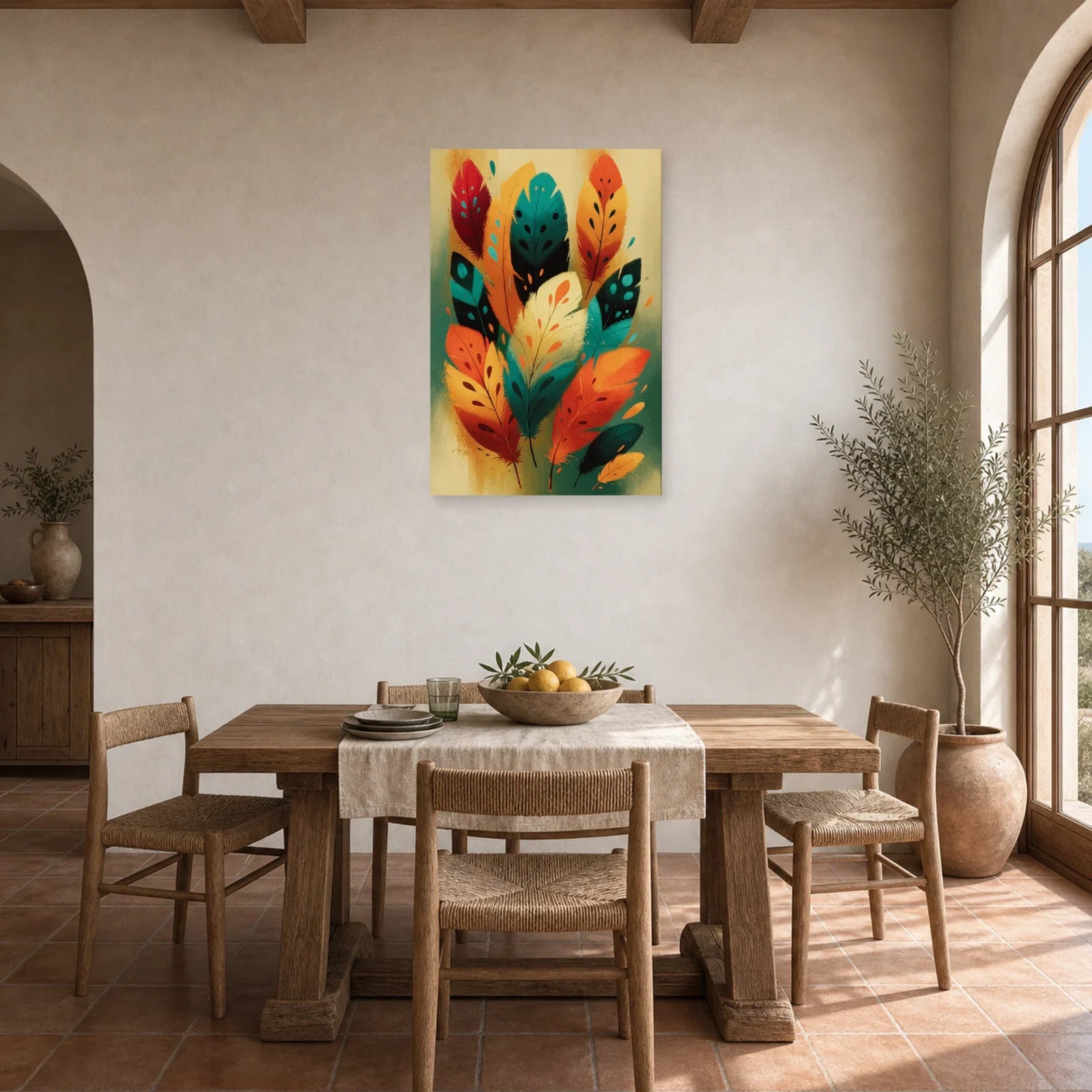 Tableau Plumes Oiseaux Bohème - Totem Couleur dans une cuisine - Art Virtuoso