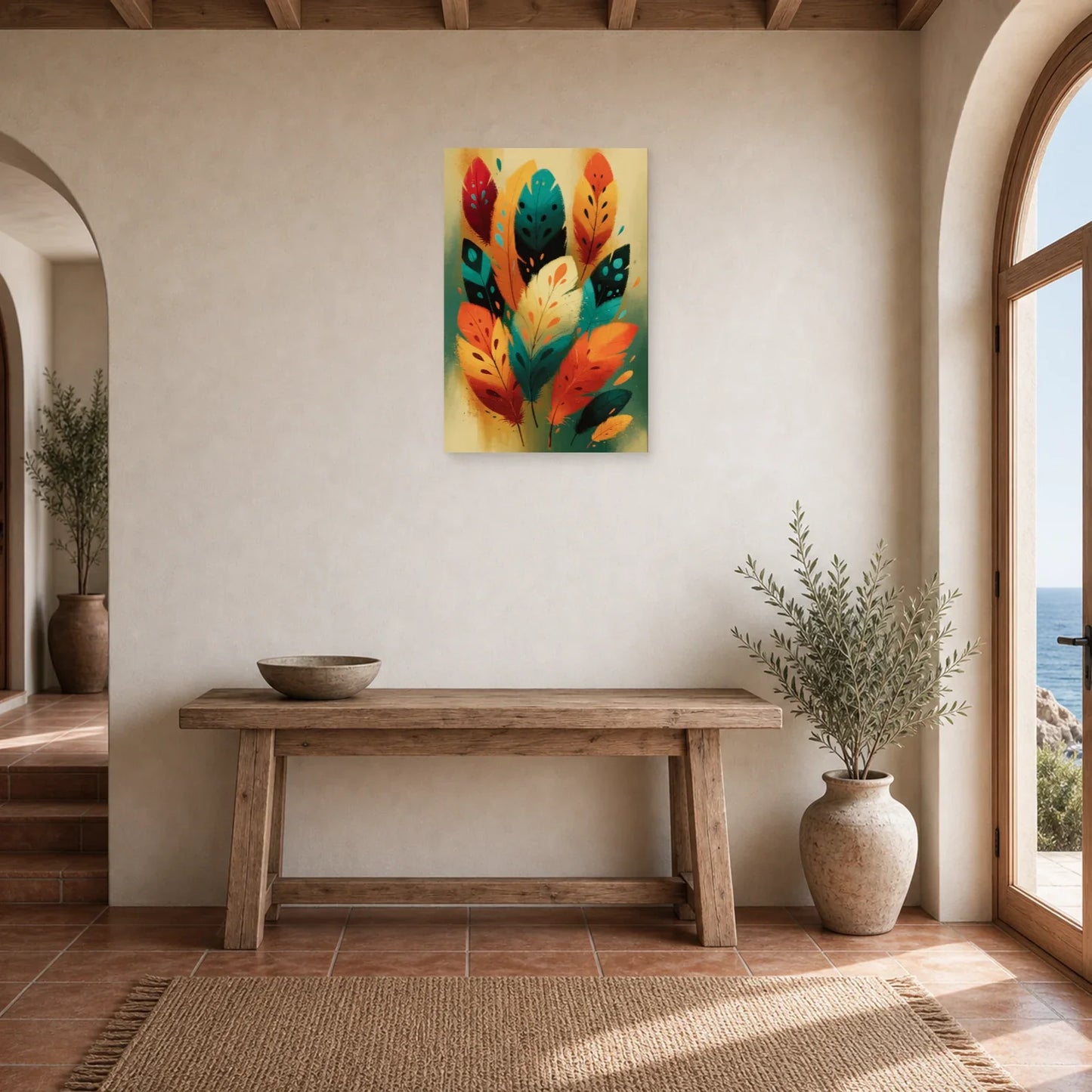 Tableau Plumes Oiseaux Bohème - Totem Couleur dans une entree ou un couloir - Art Virtuoso