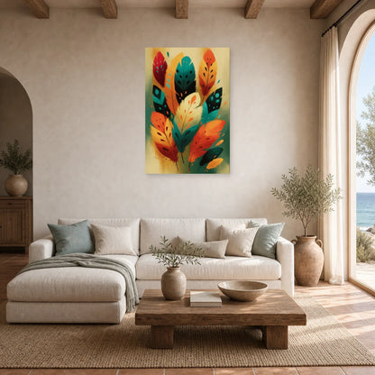 Tableau Plumes Oiseaux Bohème - Totem Couleur dans un salon - Art Virtuoso