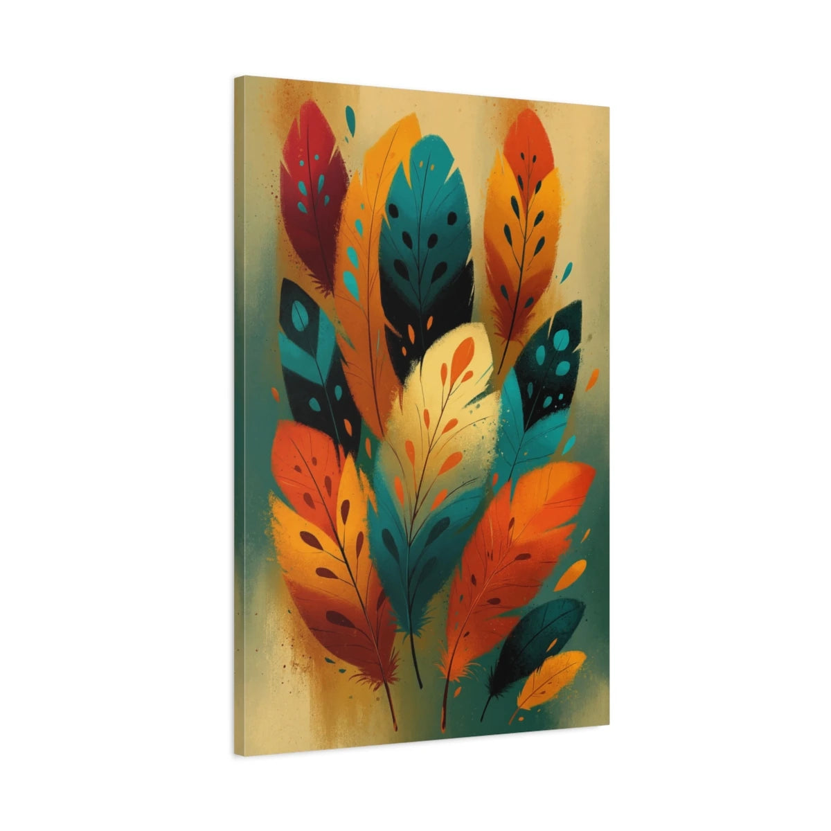 Tableau plumes oiseaux bohème turquoise orange jaune - toile 3D avec bords imprimés visibles