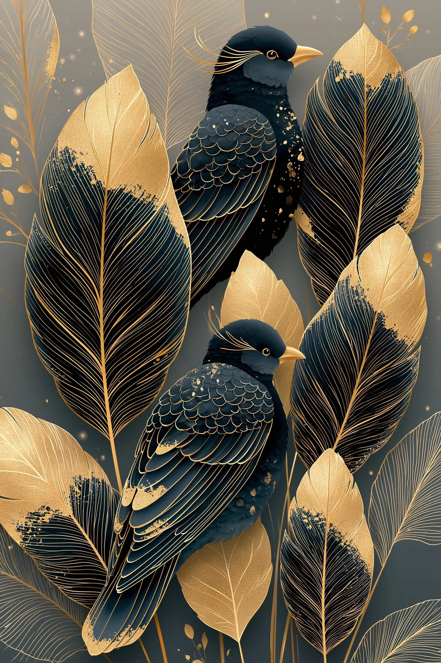Tableau plumes dorées avec oiseau noir sur fond sombre - format M