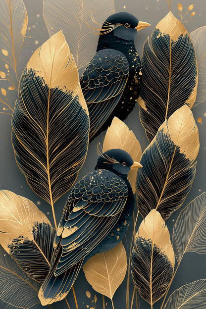 Tableau plumes dorées avec oiseau noir sur fond sombre - format M