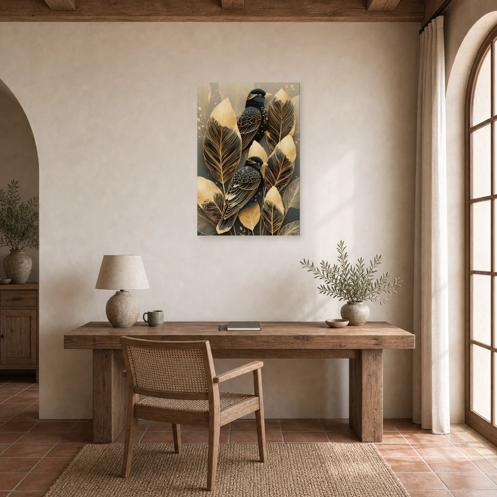 Tableau Plumes Oiseaux Dorées - Élégance Nocturne dans un bureau - Art Virtuoso