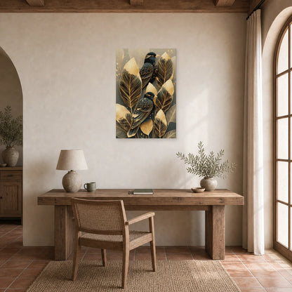 Tableau Plumes Oiseaux Dorées - Élégance Nocturne dans un bureau - Art Virtuoso