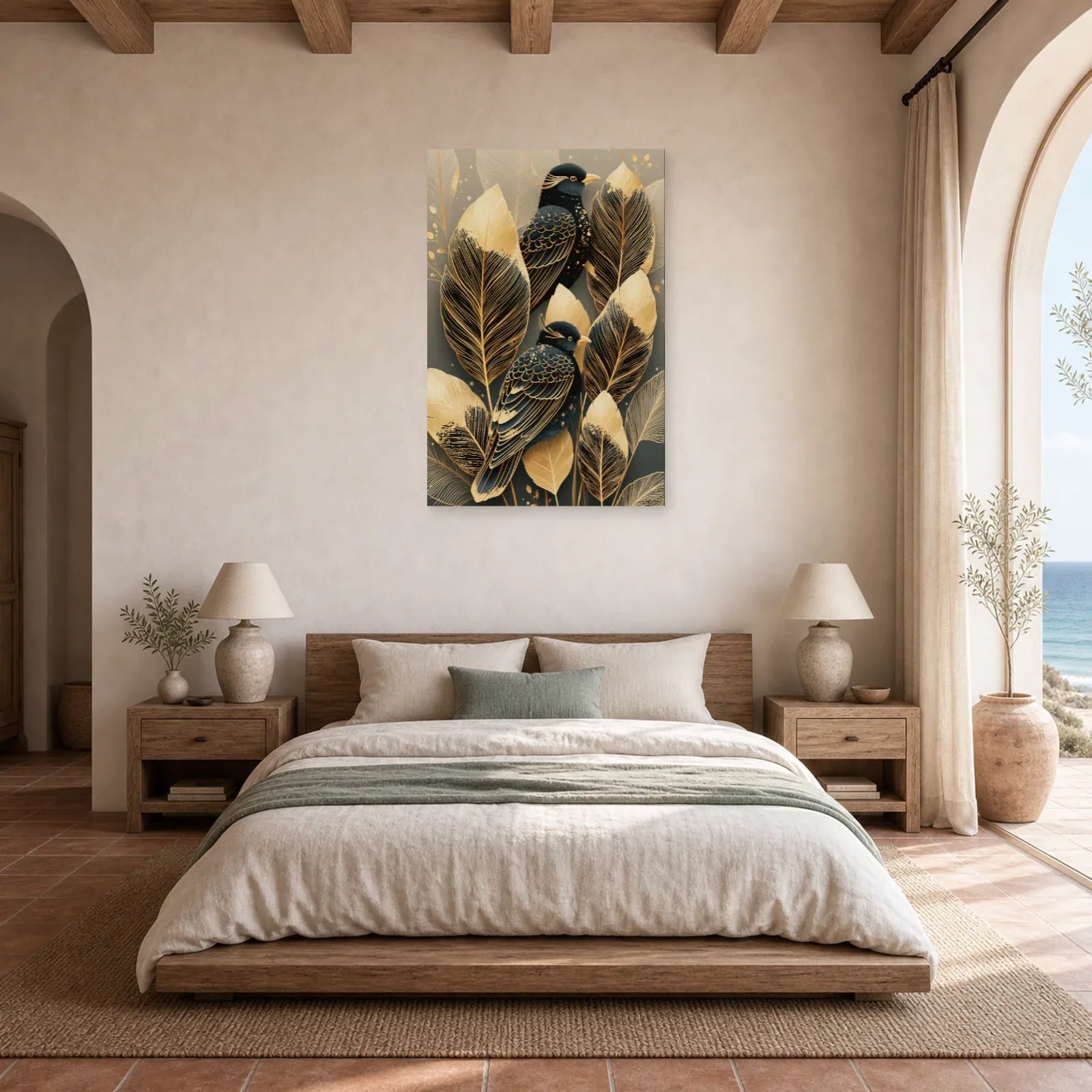 Tableau Plumes Oiseaux Dorées - Élégance Nocturne dans une chambre - Art Virtuoso