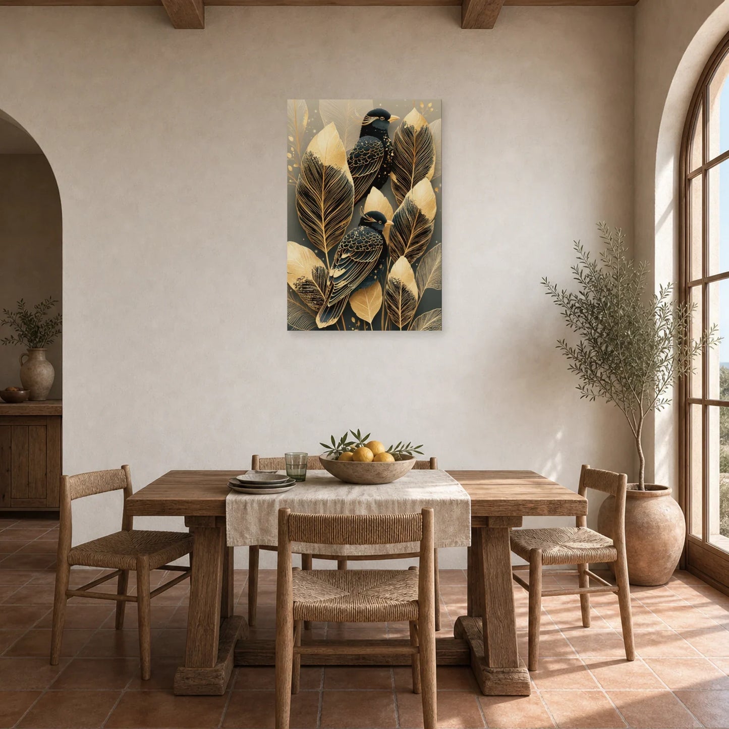 Tableau Plumes Oiseaux Dorées - Élégance Nocturne dans une cuisine - Art Virtuoso
