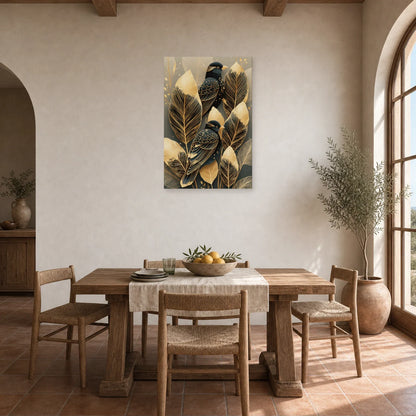 Tableau Plumes Oiseaux Dorées - Élégance Nocturne dans une cuisine - Art Virtuoso