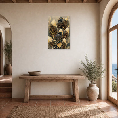 Tableau Plumes Oiseaux Dorées - Élégance Nocturne dans une entree ou un couloir - Art Virtuoso