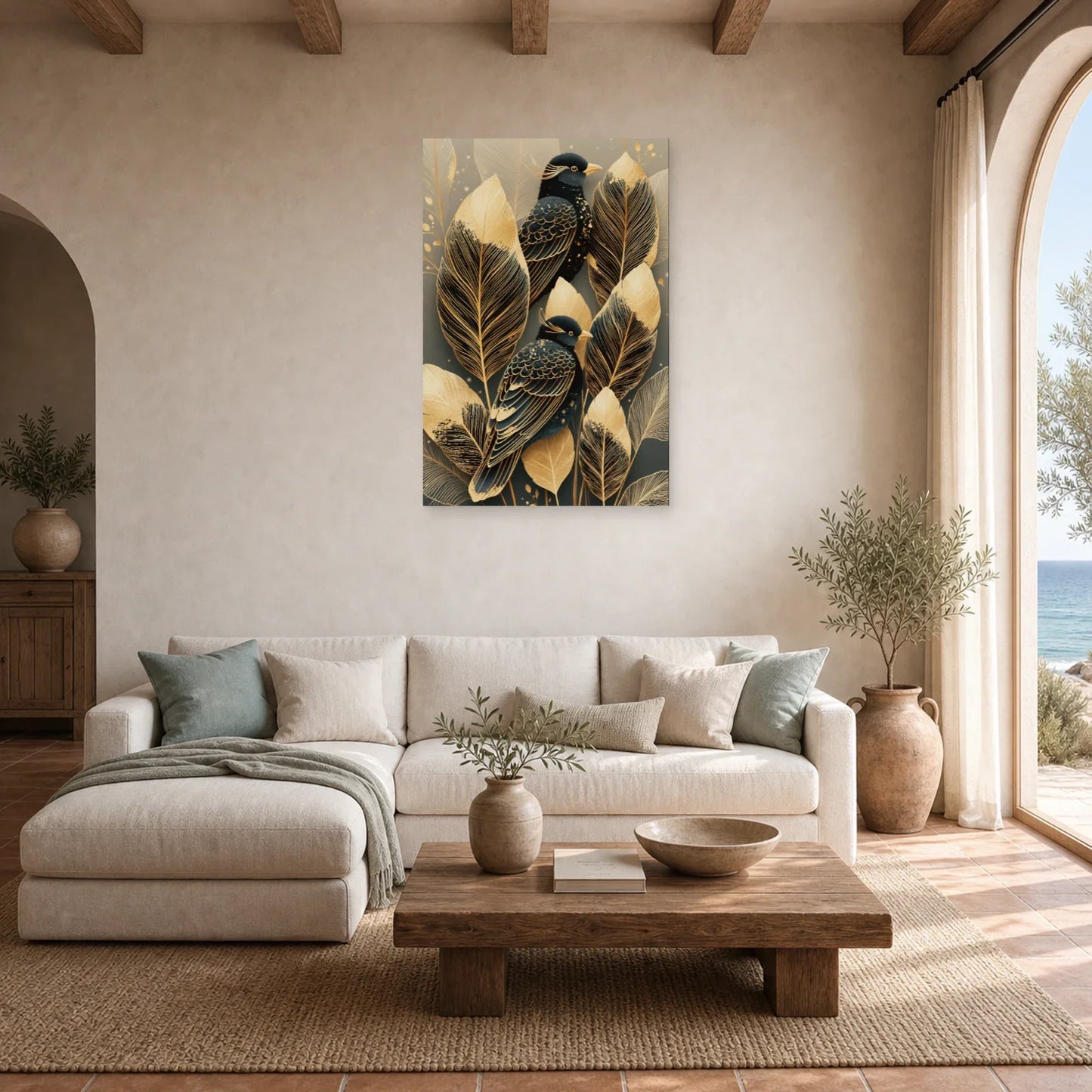 Tableau Plumes Oiseaux Dorées - Élégance Nocturne dans un salon - Art Virtuoso