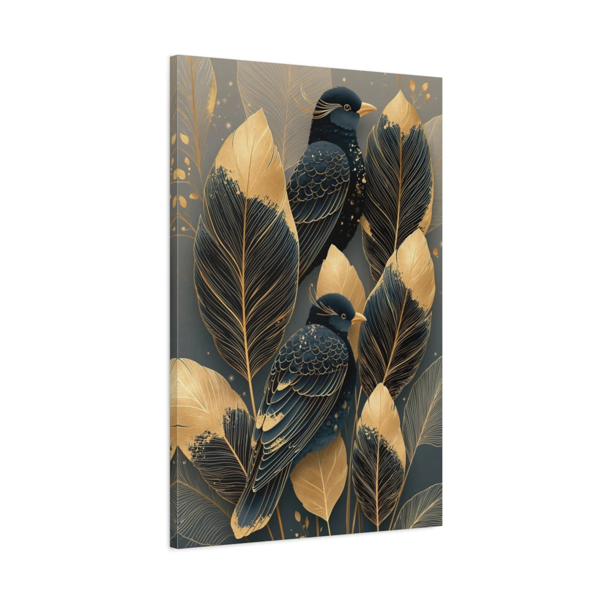 Tableau plumes dorées avec oiseau noir sur fond sombre - toile 3D avec bords imprimés visibles