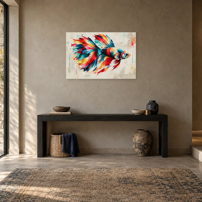 Tableau poisson combattant coloré – Nageoires en mouvement dans une entrée ou un couloir - Art Virtuoso