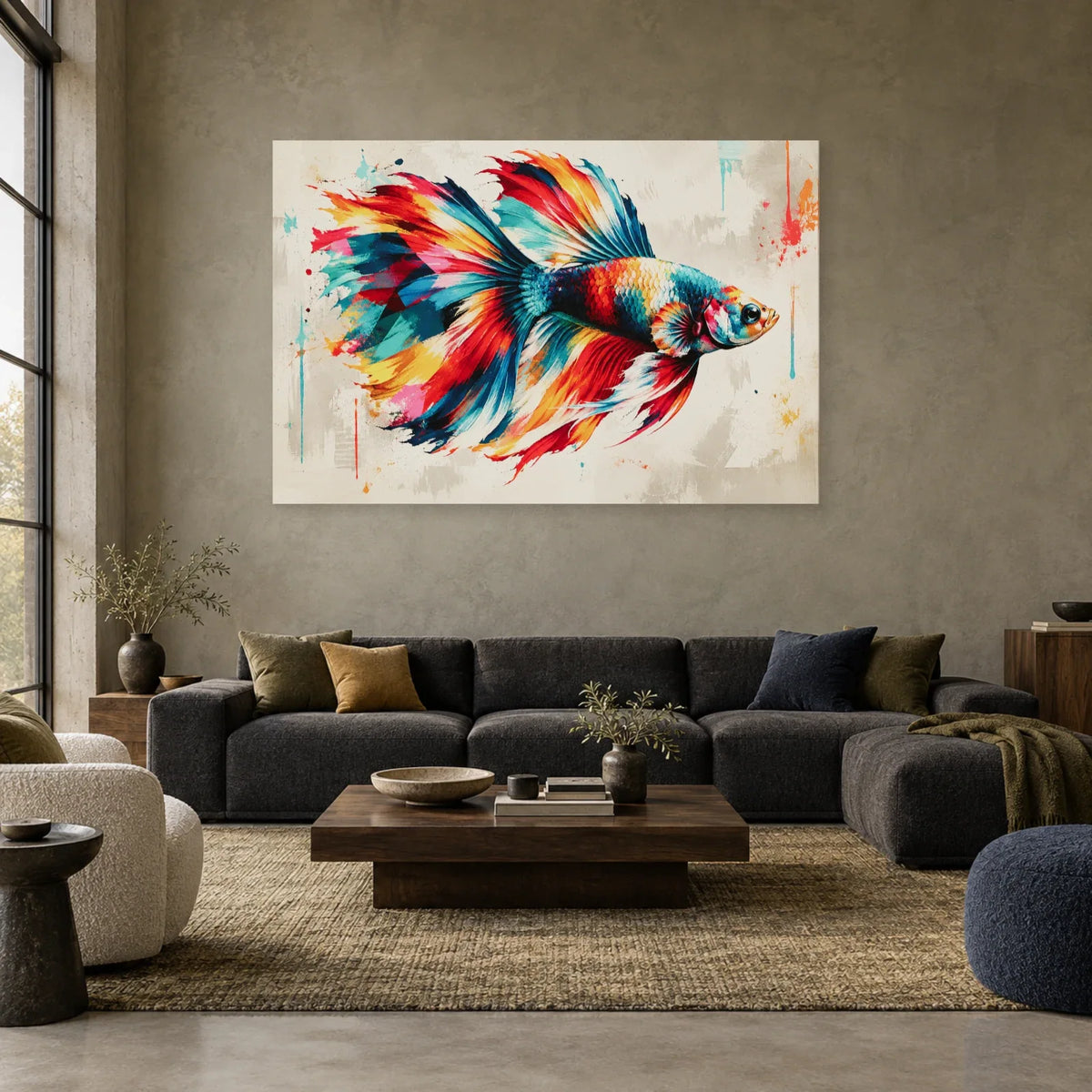 Tableau poisson combattant coloré – Nageoires en mouvement dans un salon - Art Virtuoso