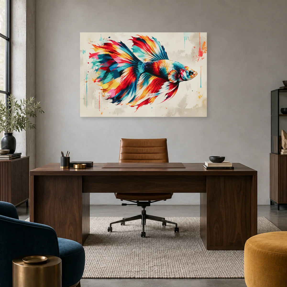 Tableau poisson coloré – Betta en mouvement dans un bureau - Art Virtuoso