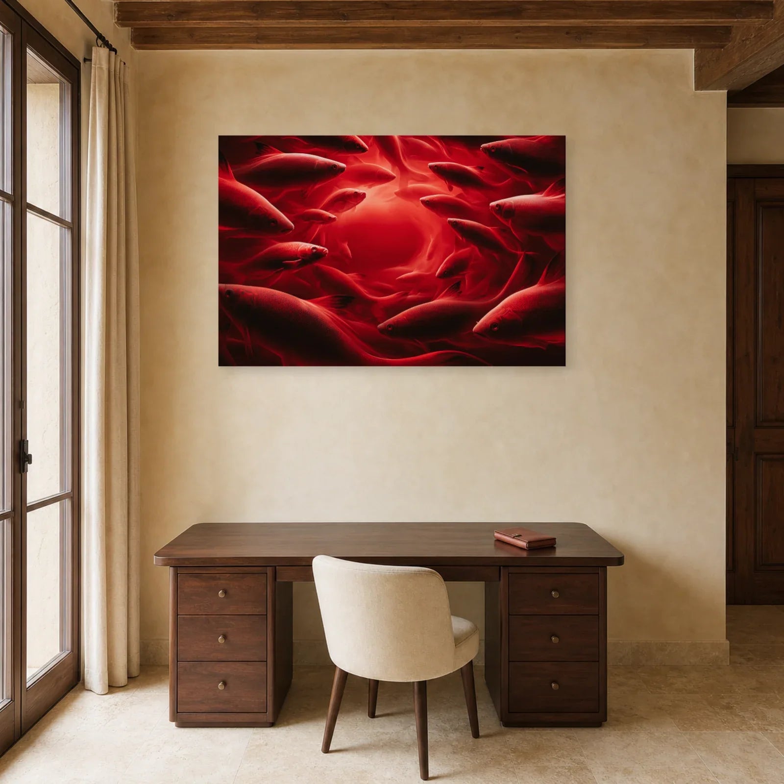 Tableau animalier rouge abstrait présenté dans un bureau