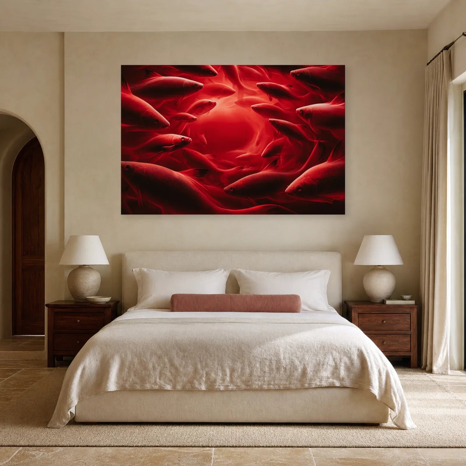 Tableau de poissons autour d’un centre lumineux présenté dans une chambre