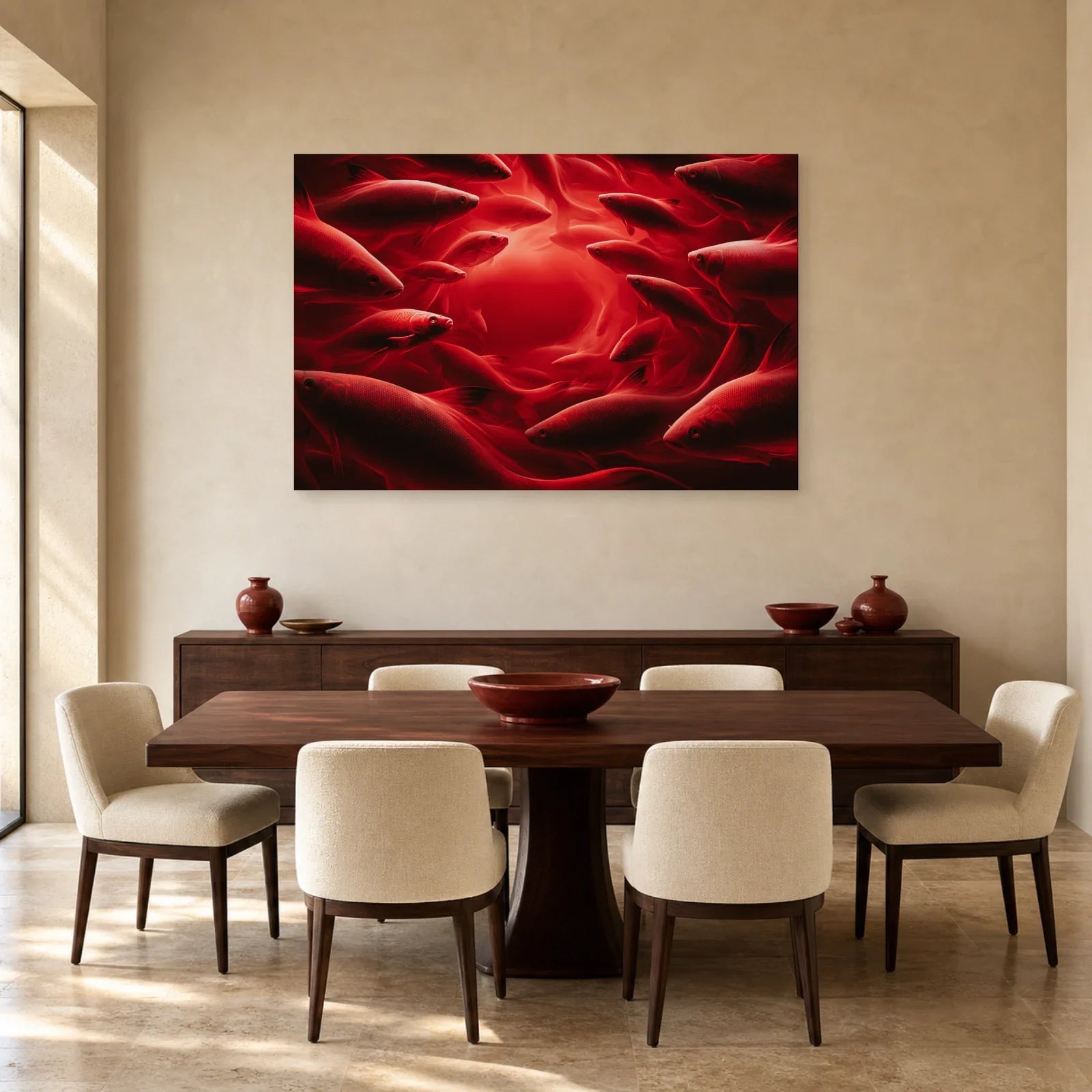 Tableau banc de poissons rouges présenté dans une salle à manger