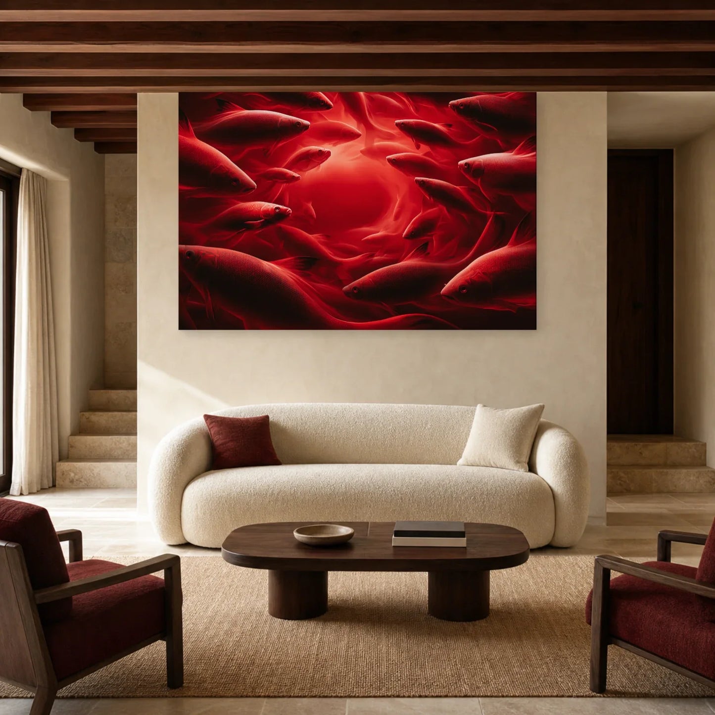 Tableau de poissons carmin en mouvement présenté dans un salon