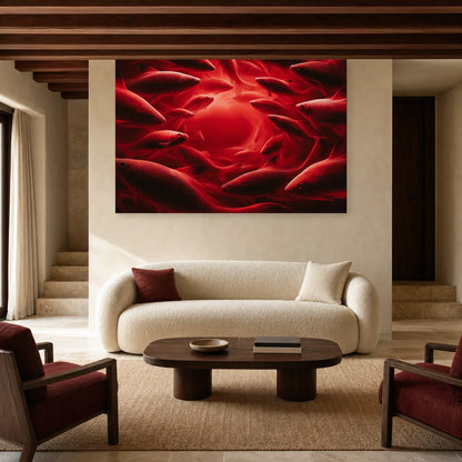 Tableau de poissons carmin en mouvement présenté dans un salon
