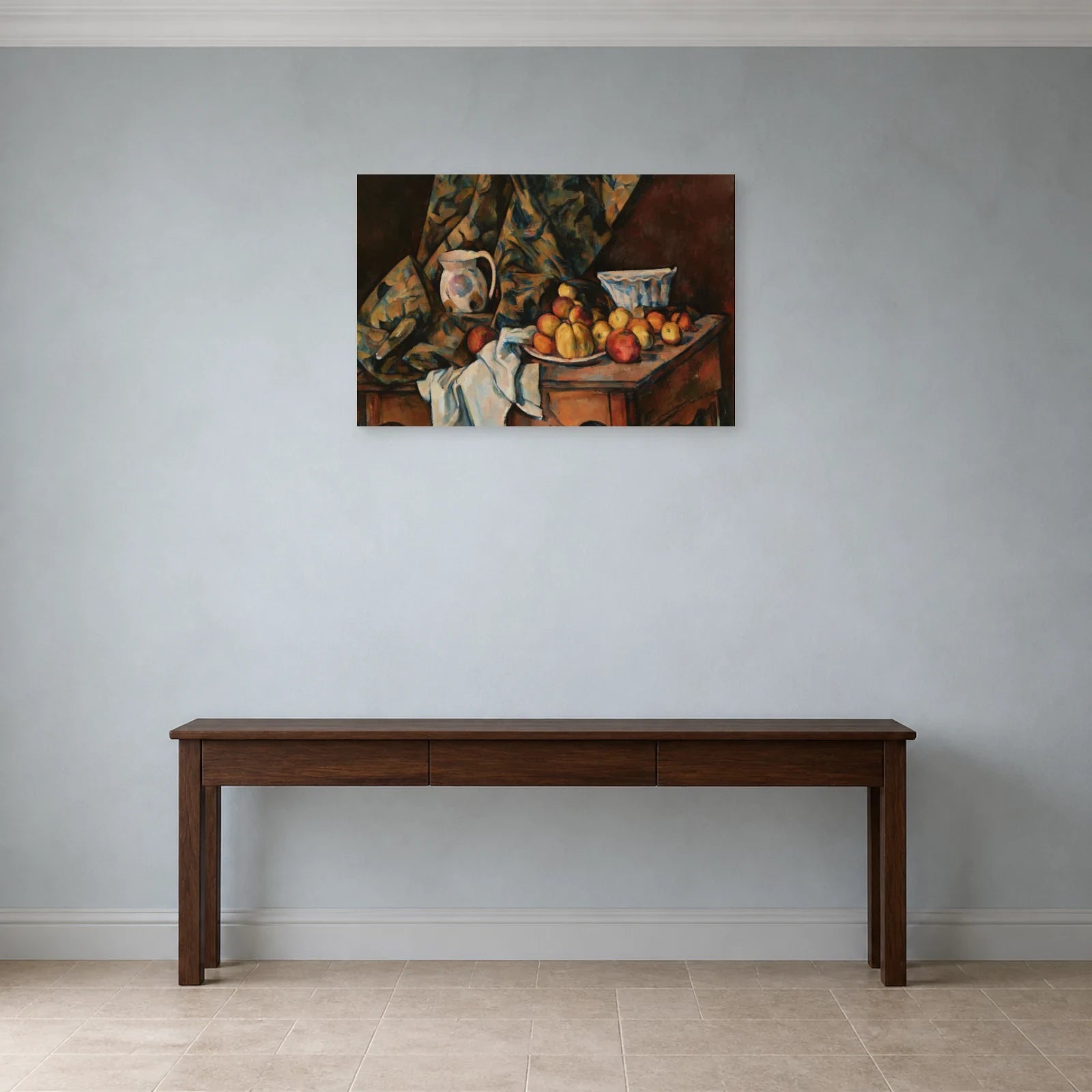 Tableau Nature morte aux pommes et aux pêches – Paul Cézanne dans une entrée ou un couloir - Art Virtuoso