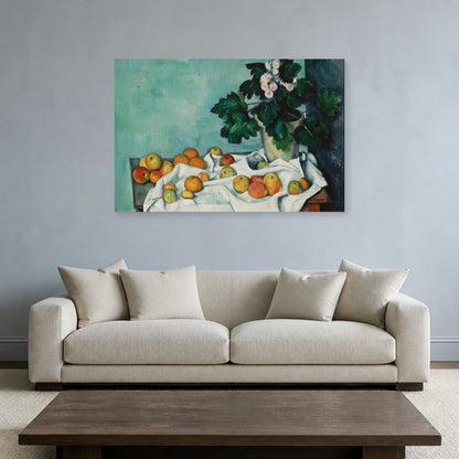 Tableau Nature morte aux pommes et pot de primevères – Paul Cézanne dans un salon - Art Virtuoso