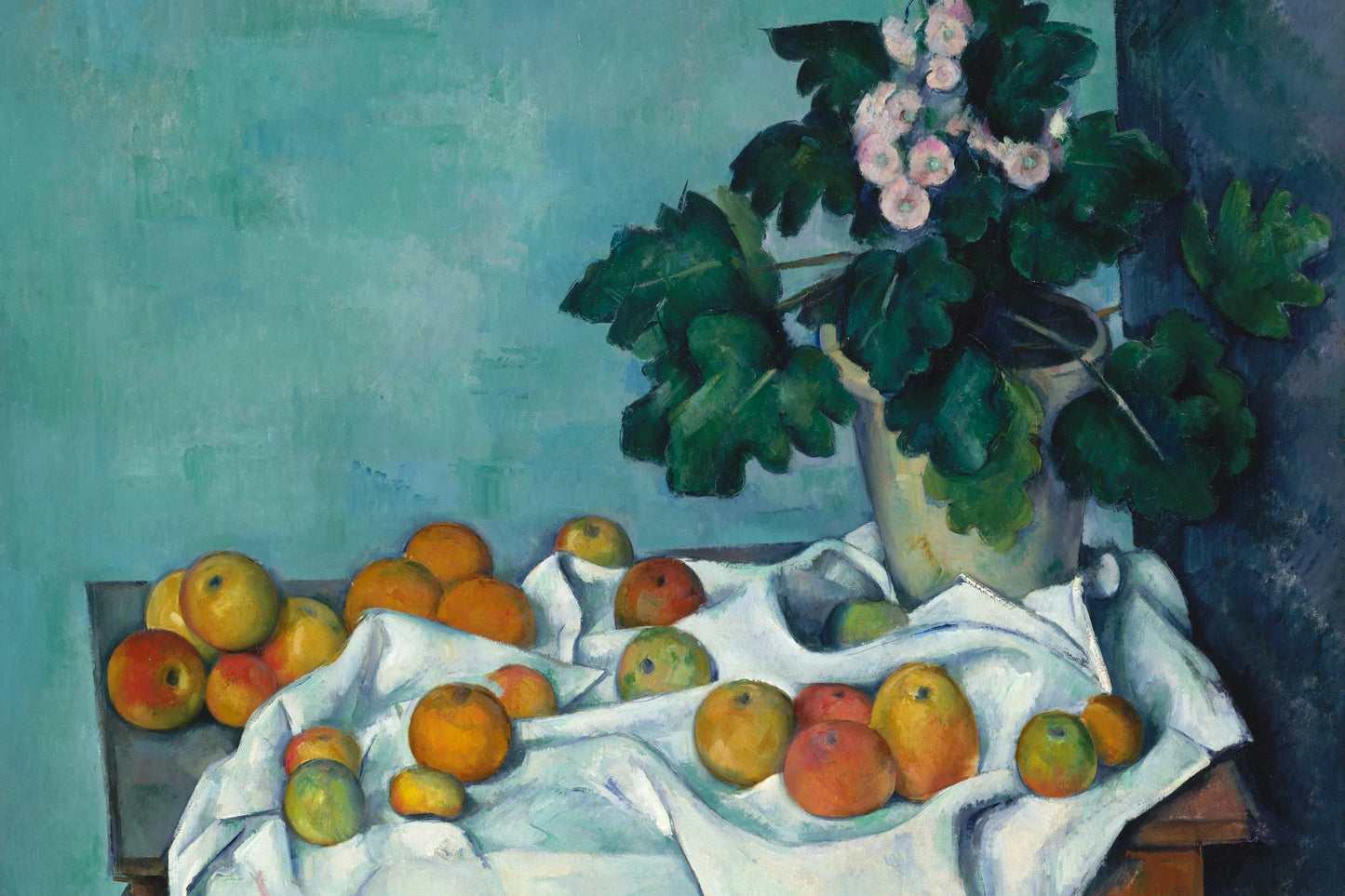 Nature morte aux pommes et primevères sur reproduction format S