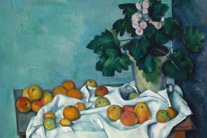 Nature morte aux pommes et primevères sur reproduction format S
