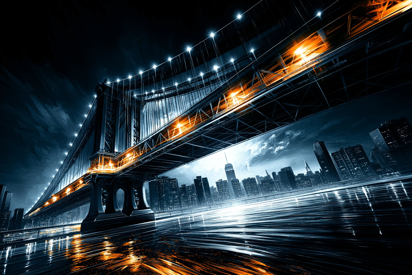 Toile Manhattan Bridge de nuit bleu et orange, format M