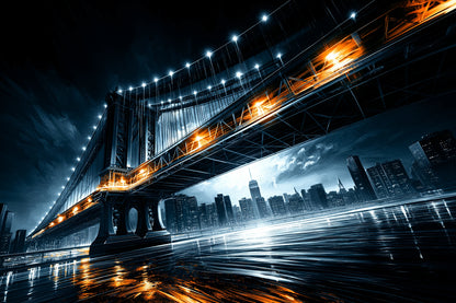 Toile Manhattan Bridge de nuit bleu et orange, format M