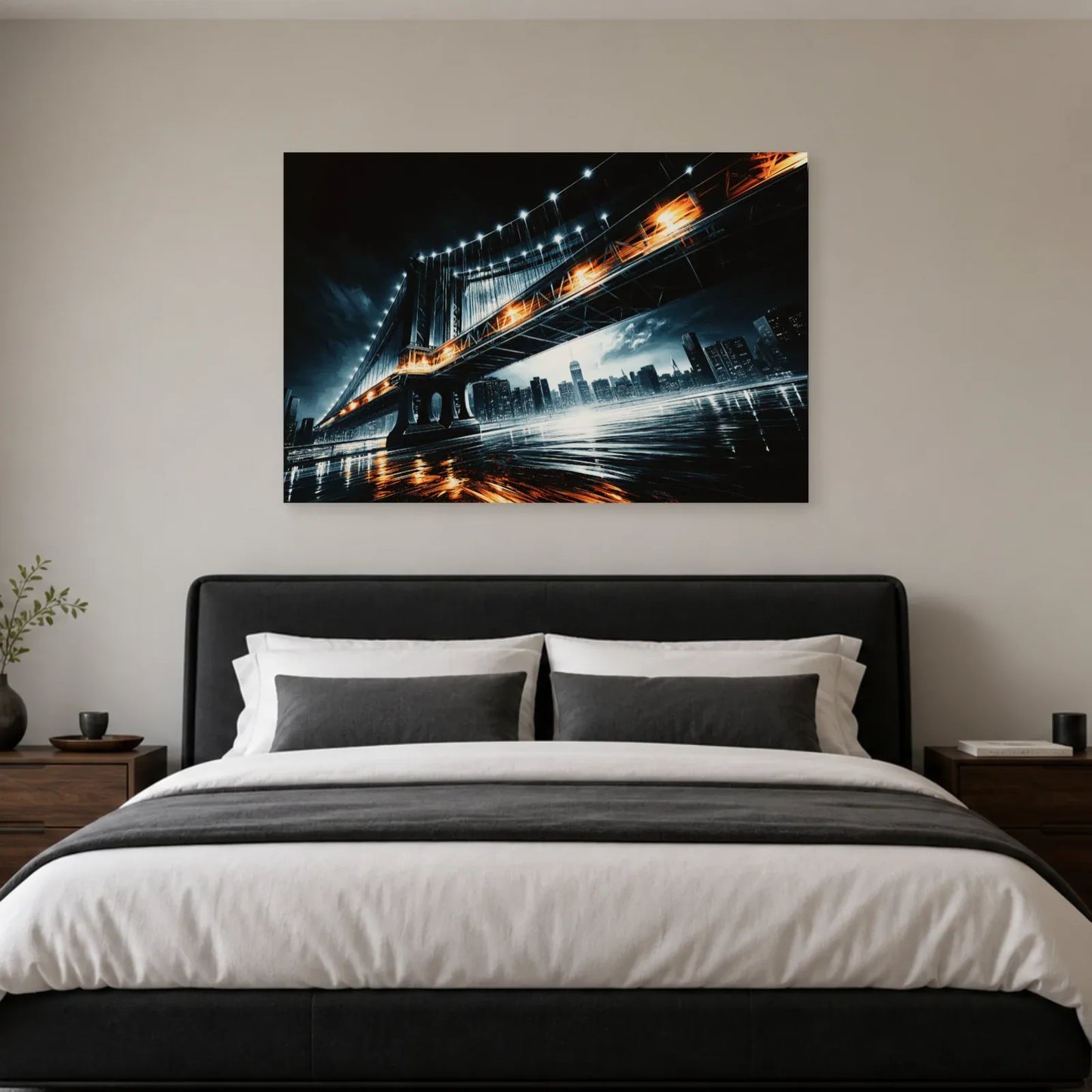 Tableau horizontal de pont illuminé accroché dans une chambre