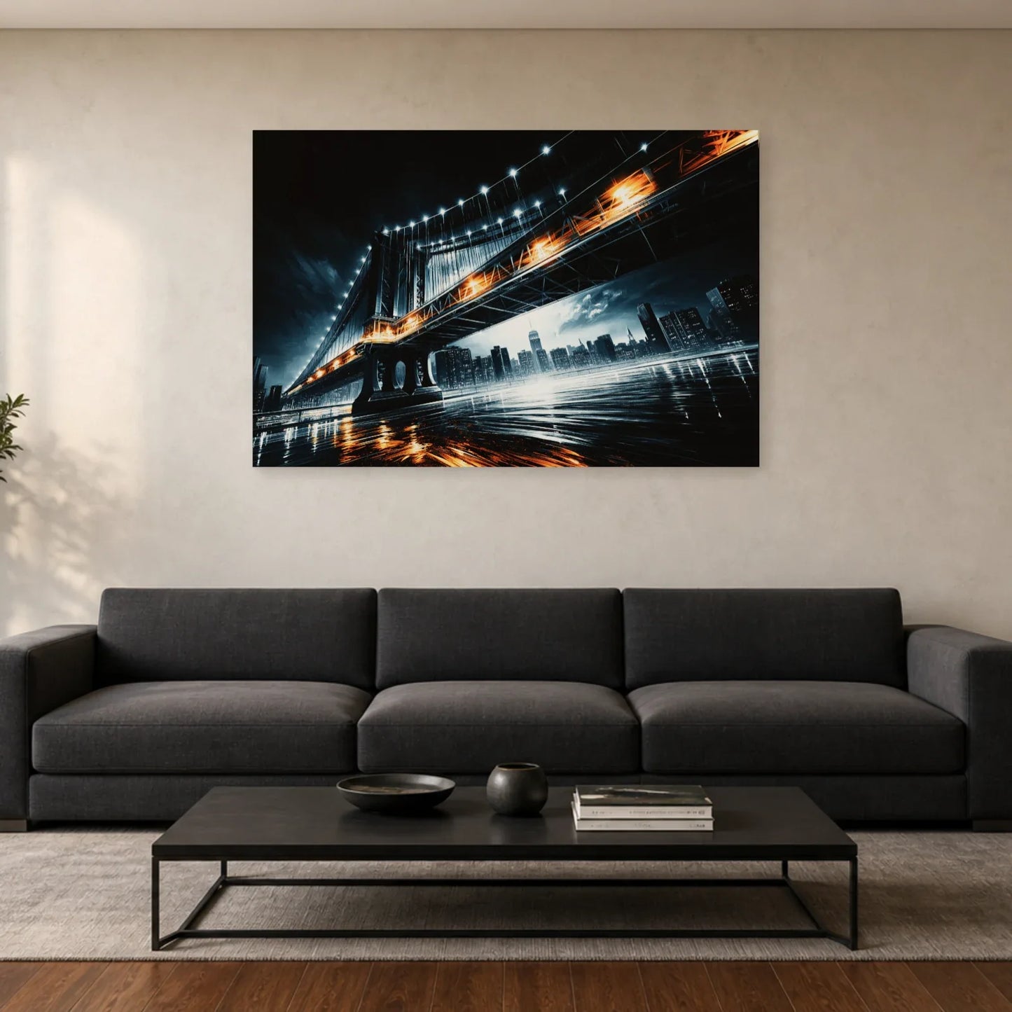 Pont métallique bleu et orange présenté sur toile dans un salon