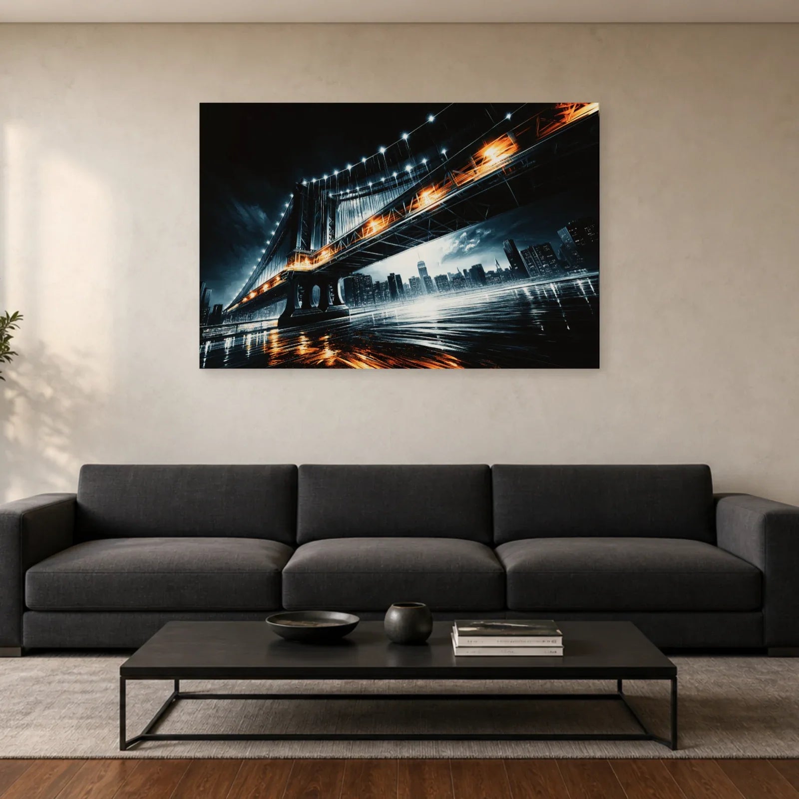 Pont métallique bleu et orange présenté sur toile dans un salon