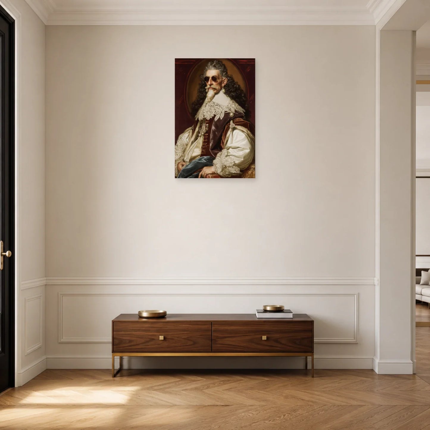 Portrait d'homme aux lunettes de soleil dans une entrée classique