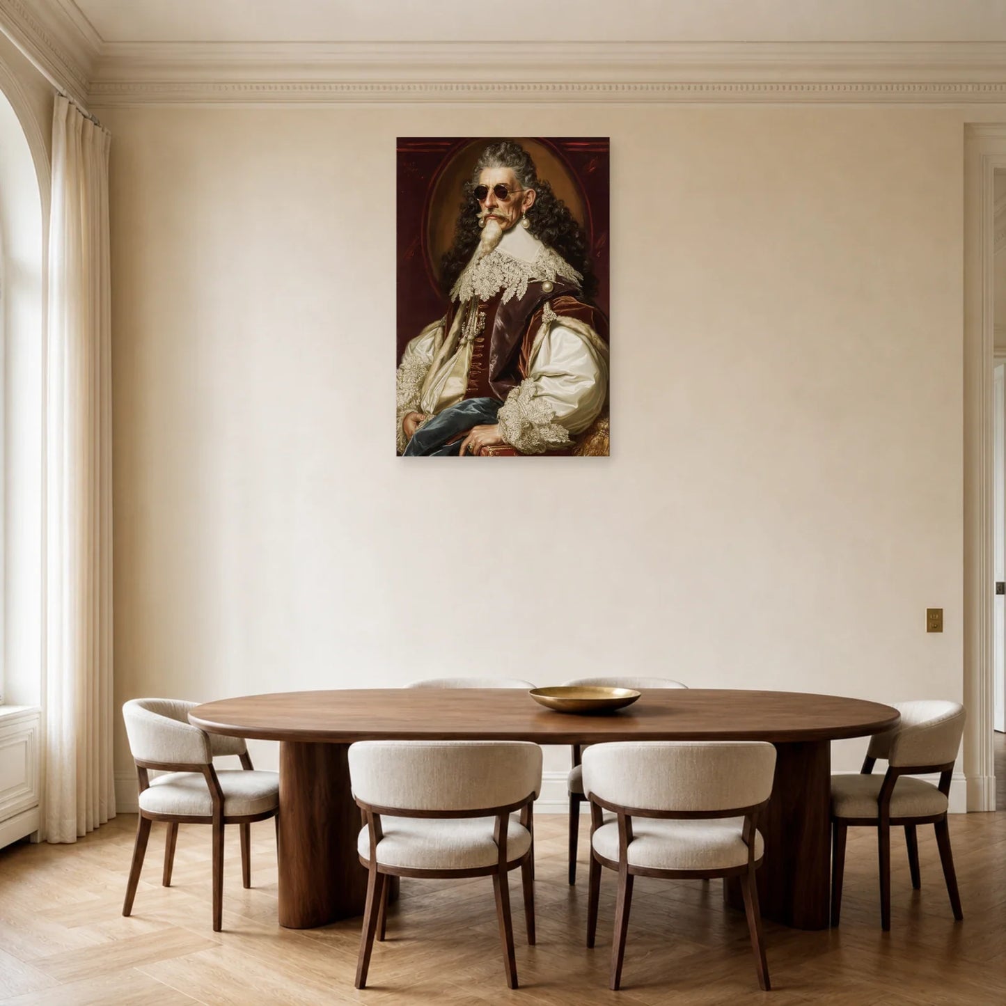 Tableau baroque bordeaux présenté dans une salle à manger