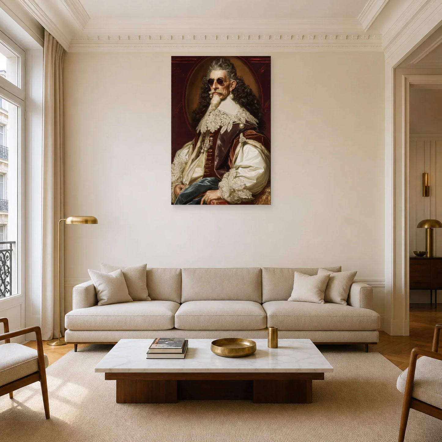 Portrait baroque à lunettes exposé dans un salon aux tons bruns