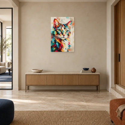 Tableau portrait chat multicolore – Regard turquoise dans une entrée ou un couloir - Art Virtuoso