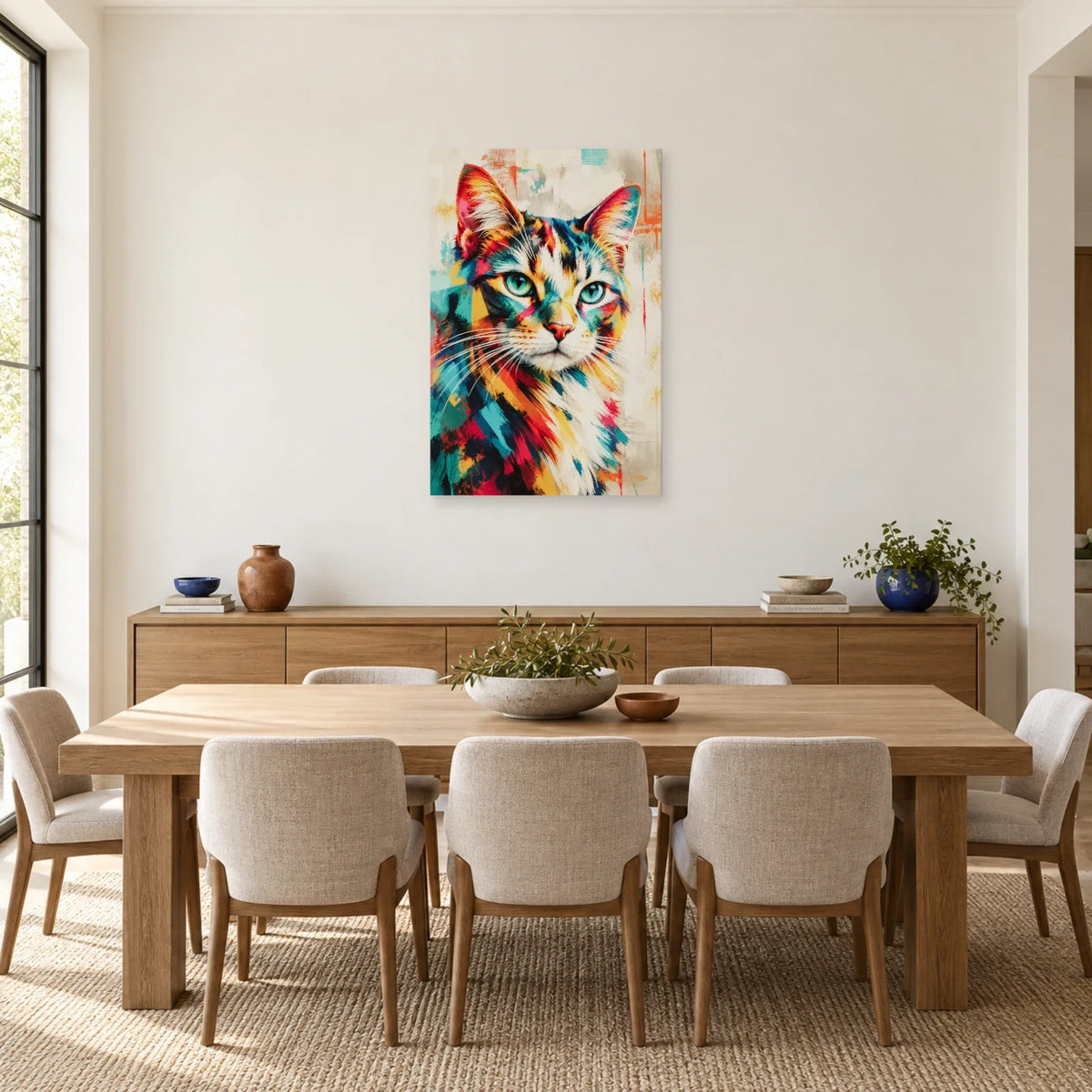 Tableau portrait chat multicolore – Regard turquoise dans une salle à manger - Art Virtuoso