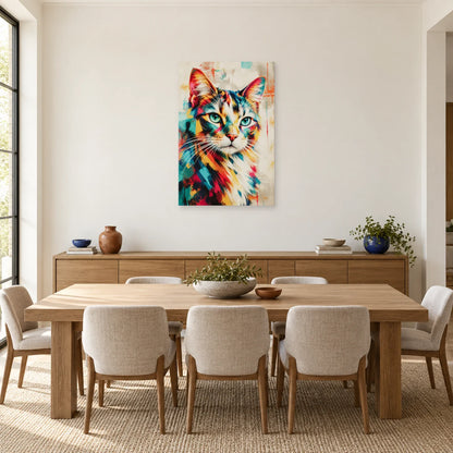 Tableau portrait chat multicolore – Regard turquoise dans une salle à manger - Art Virtuoso