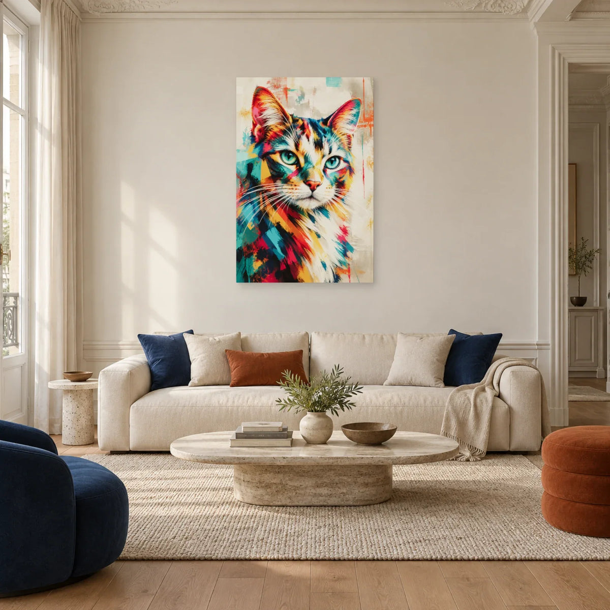 Tableau portrait chat multicolore – Regard turquoise dans un salon - Art Virtuoso