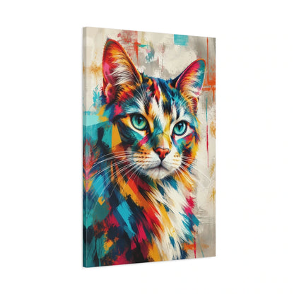 Tableau portrait chat multicolore – Regard turquoise - toile 3D avec bords imprimés - Art Virtuoso