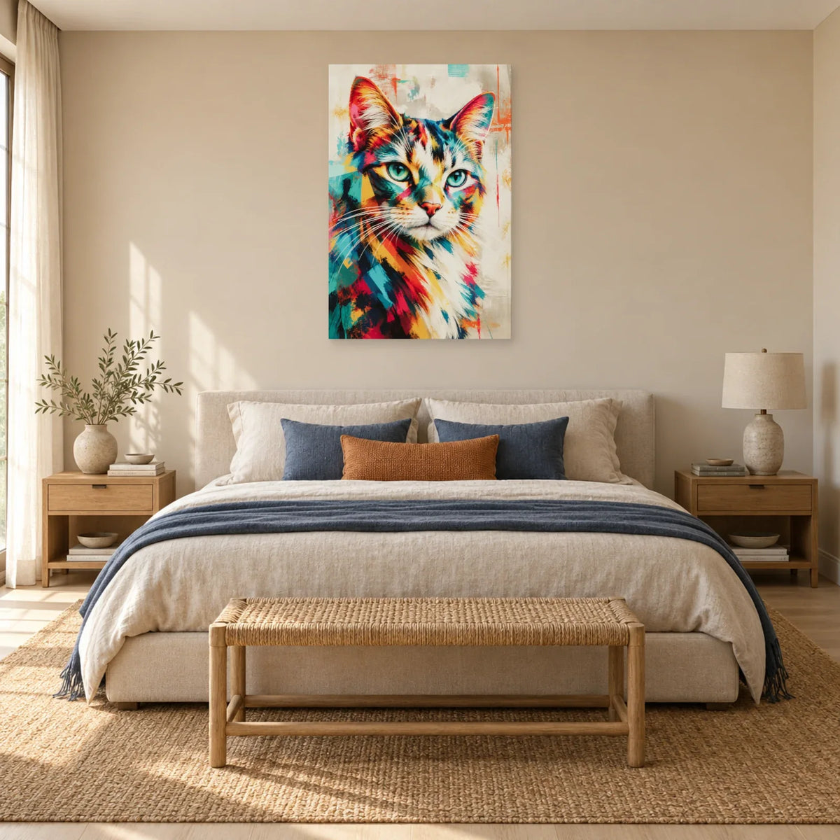 Tableau portrait chat multicolore – Regard turquoise dans une chambre - Art Virtuoso