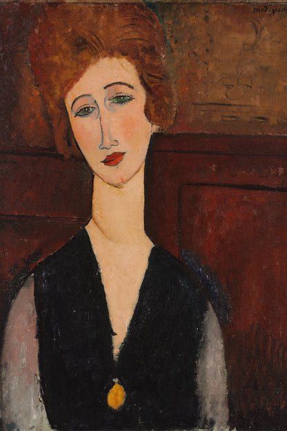 Portrait de femme d’Amedeo Modigliani – une femme rousse au long cou porte une robe noire à décolleté en V – format XL