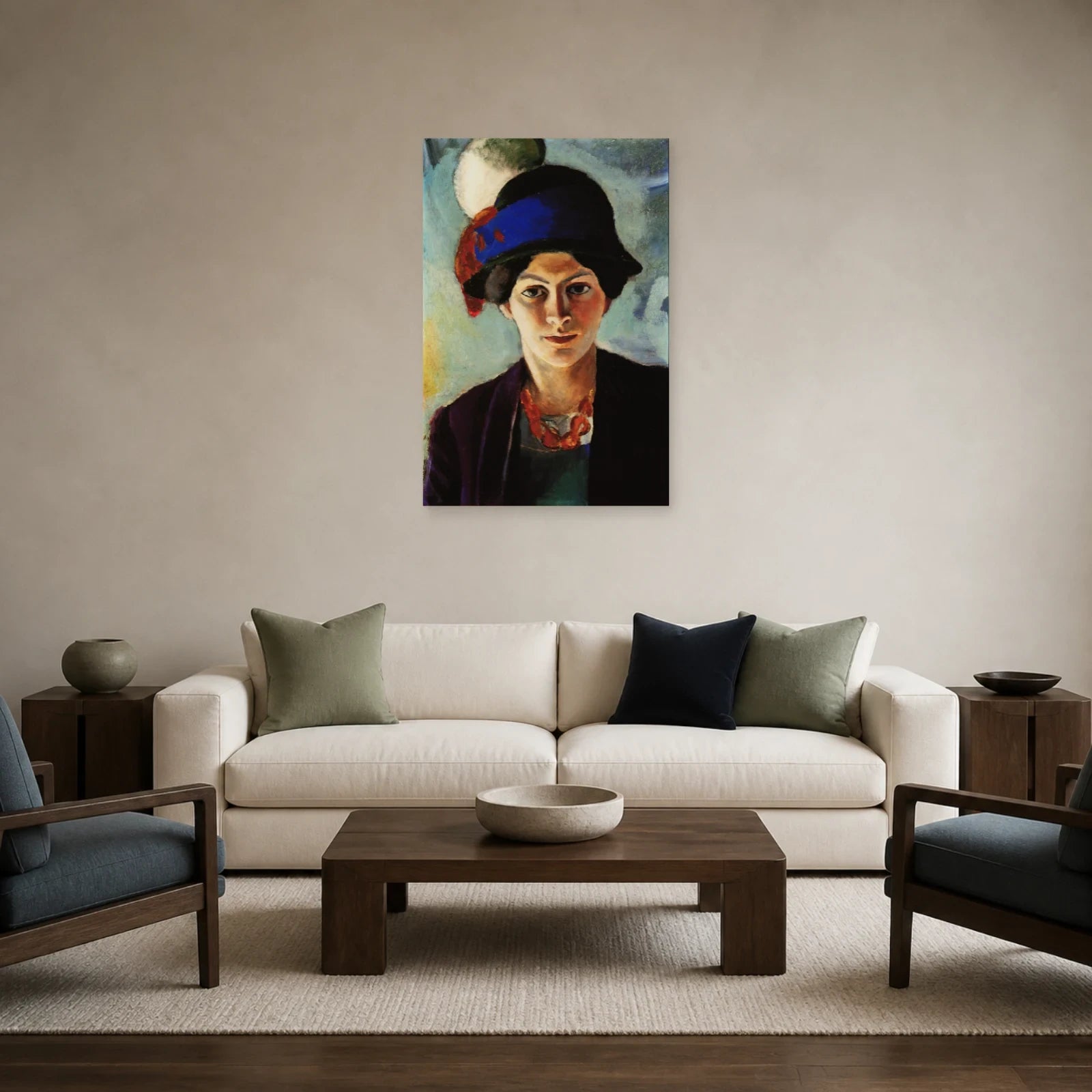 Tableau Portrait de la femme de l’artiste avec chapeau – August Macke dans un salon - Art Virtuoso