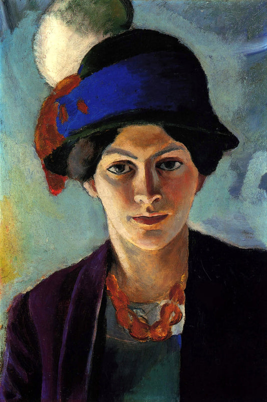 Portrait féminin au grand chapeau bleu nuit, toile taille S