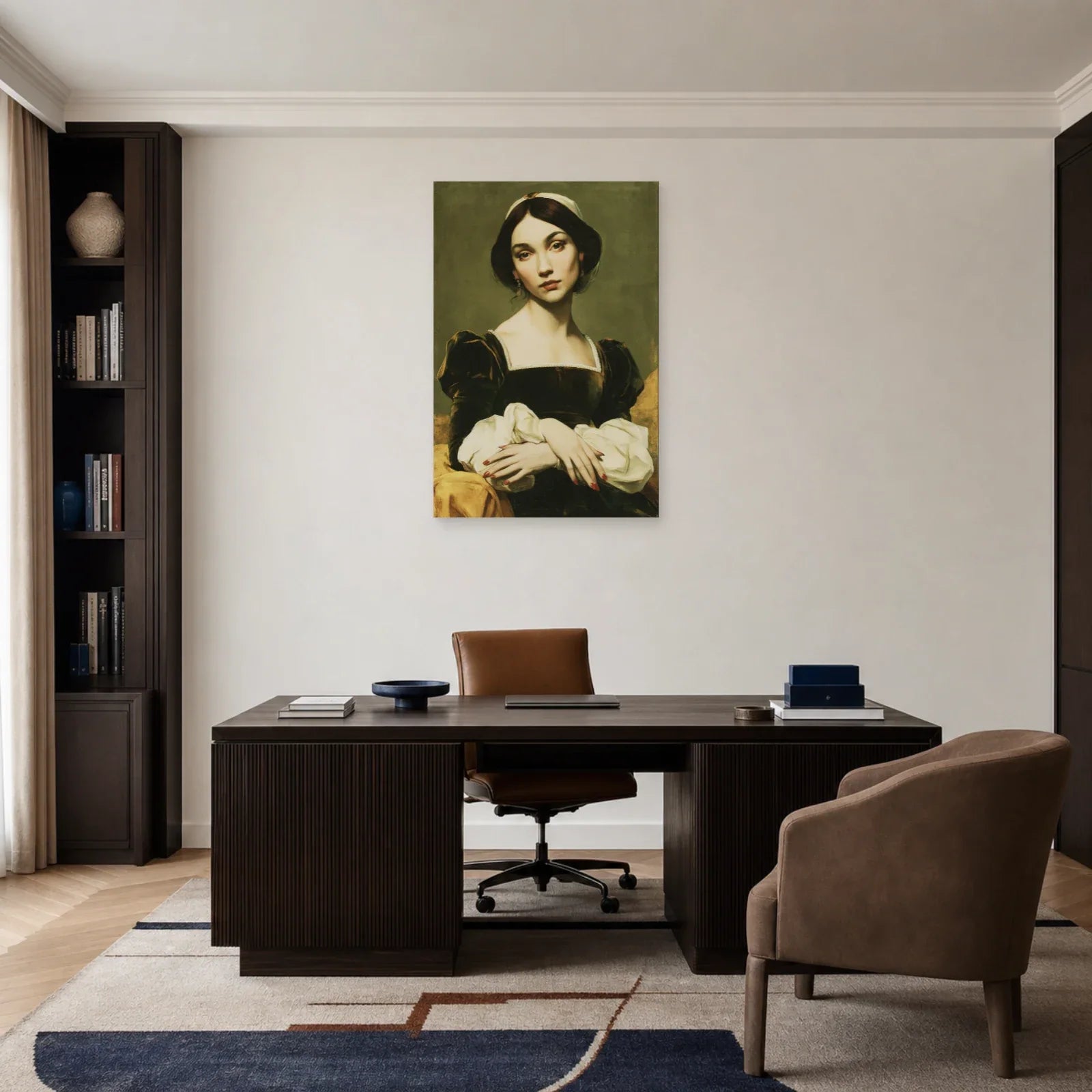 Tableau femme au fond vert olive installé dans un bureau