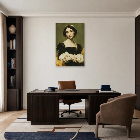 Tableau femme au fond vert olive installé dans un bureau
